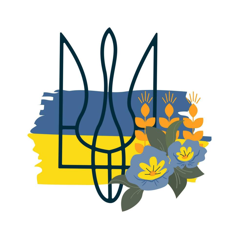 emblème de Ukraine sur le Contexte de Jaune et bleu drapeau décoré avec fleurs sur blanc arrière-plan, vecteur illustration