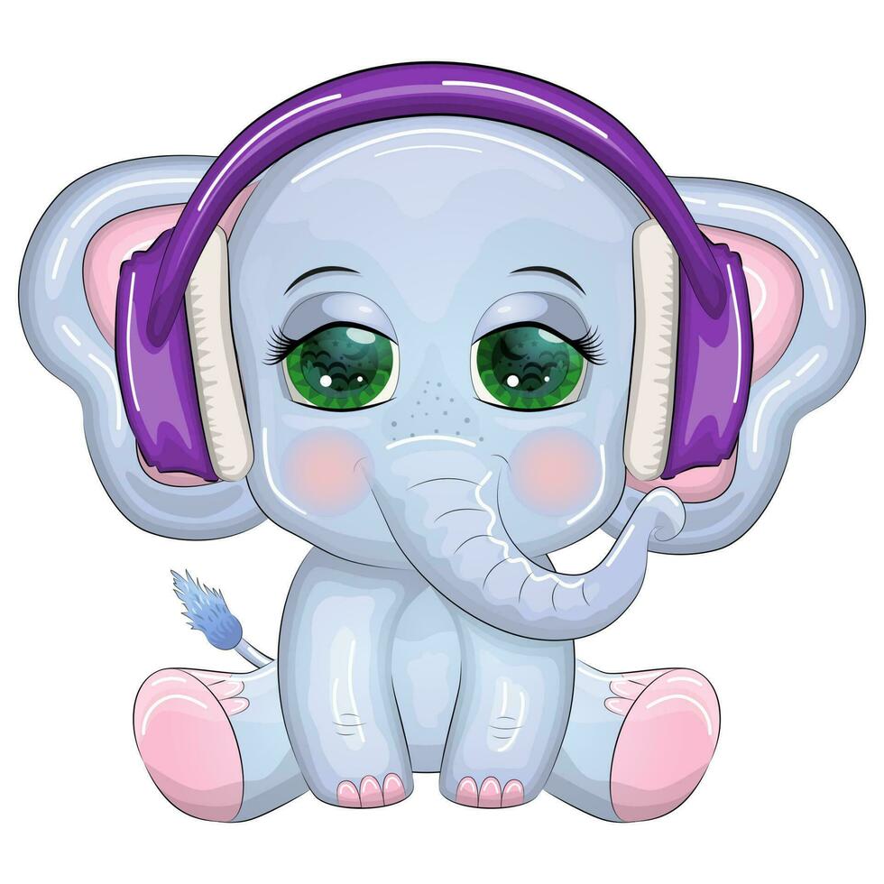 mignonne dessin animé éléphant, puéril personnage avec magnifique yeux portant écouteurs, la musique amoureux écoute à la musique vecteur