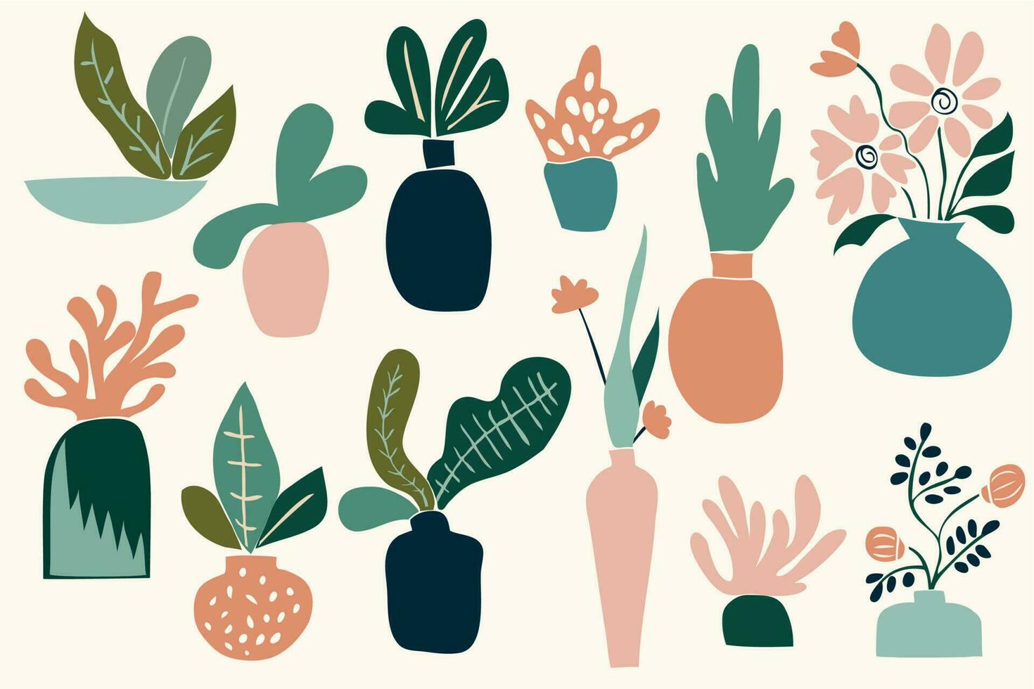 inhabituel les plantes dans des pots dans moderniste style. ensemble de abstrait cactus et feuilles inspiré par impressionnisme vecteur