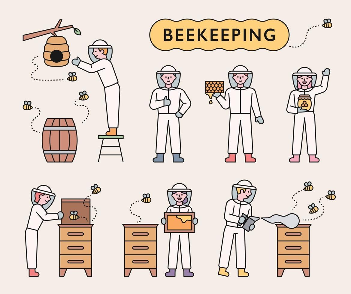 les apiculteurs élèvent des abeilles et récoltent du miel vecteur