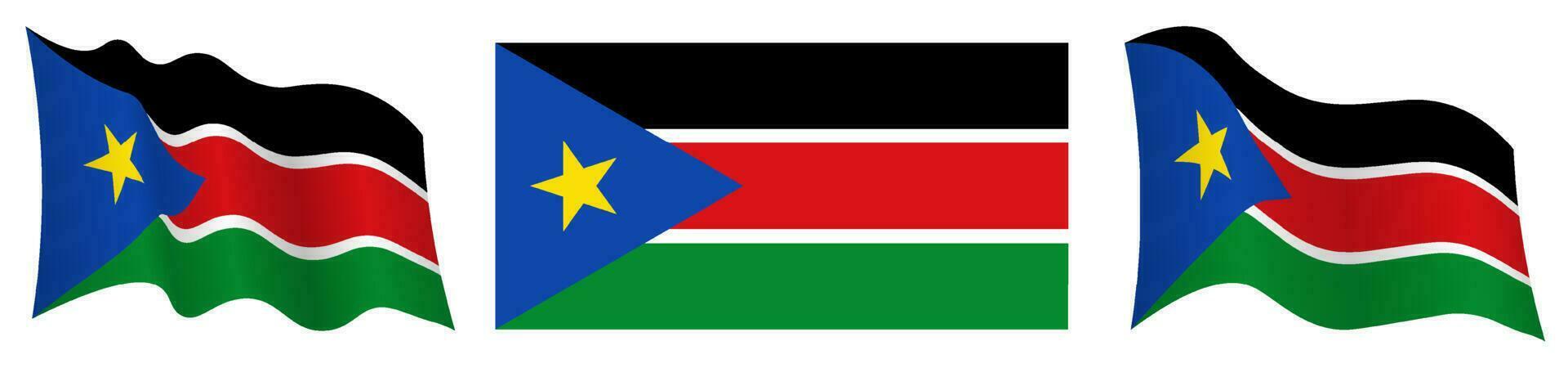Sud Soudan drapeau dans statique position et dans mouvement, flottant dans vent dans exact couleurs et tailles, sur blanc Contexte vecteur