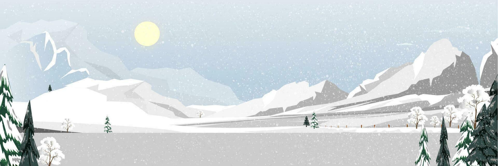 hiver forêt paysage avec couvert sur gel des arbres dans le congères avec magnifique ciel.vecteur dessin animé horizon conifère forêt avec neige chute, toile de fond bannière pour noël, nouveau année 2024 carte vecteur