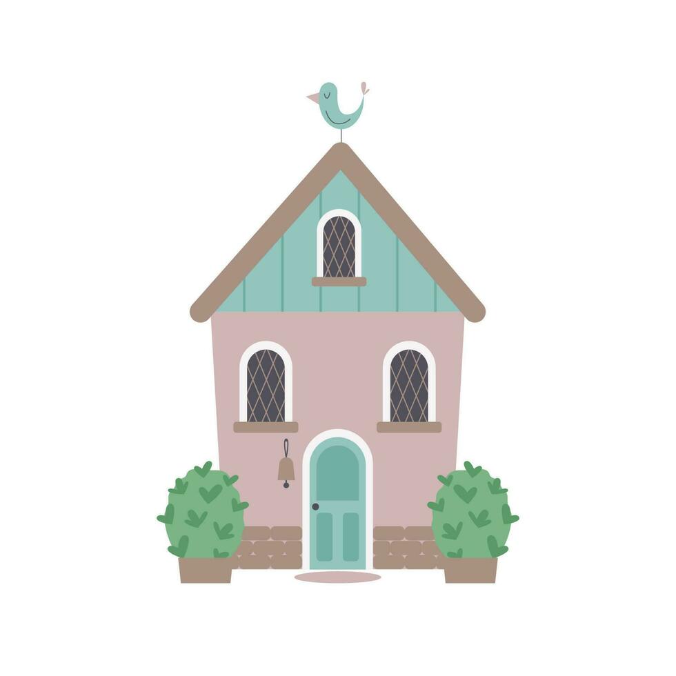 mignonne maison avec des buissons et oiseau sur une Haut. sucré Accueil ou Bienvenue Accueil concept. vecteur plat illustration.