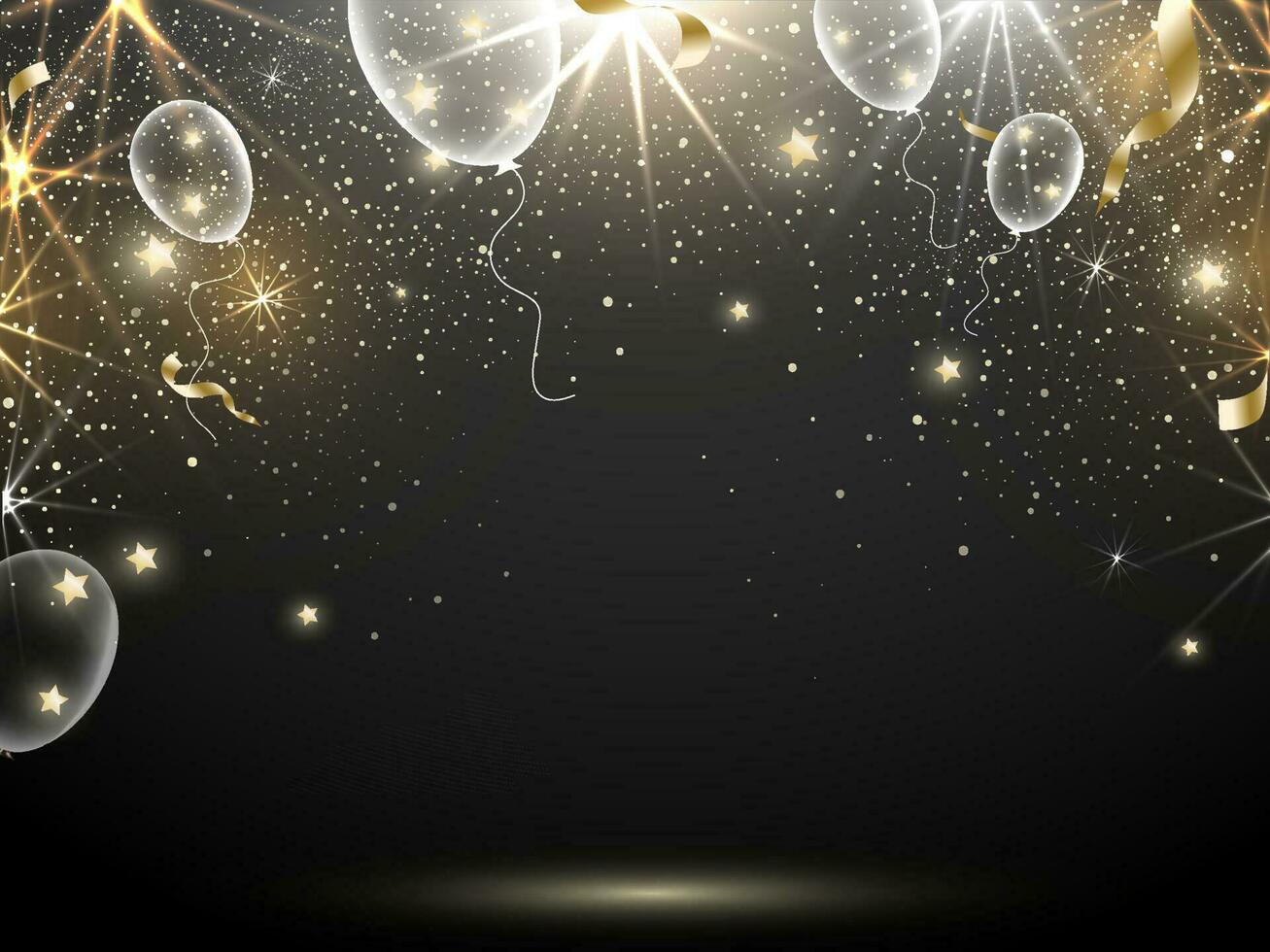 abstrait éclairage effet noir Contexte décoré avec brillant des ballons, étoiles et d'or confettis ruban. vecteur