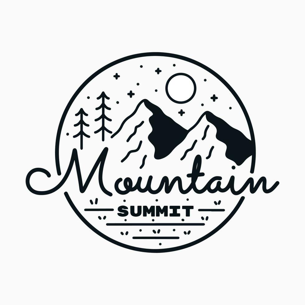 Montagne camping Extérieur t chemise badge mono ligne vecteur illustration