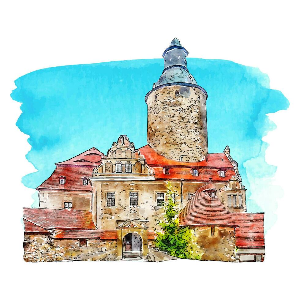 architecture Château zamek czocha Pologne aquarelle main tiré illustration isolé sur blanc Contexte vecteur