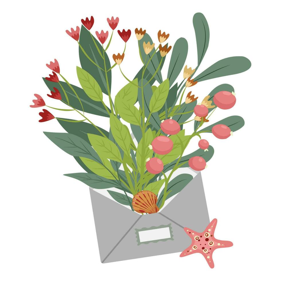 conception de une mignonne enveloppe avec fleurs, les plantes à l'intérieur et un une inscription pour toi. été bouquet avec mer étoiles. plat vecteur illustration de une l'amour lettre. romantique Contexte bannière conception concept