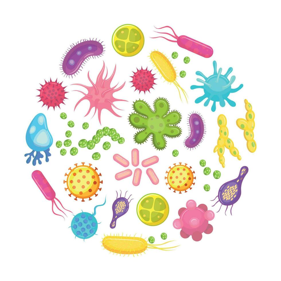 micro-organisme, bactéries, virus cellule, maladie bactérie et champignons cellules. micro organisme, maladies et virus dessin animé vecteur Icônes