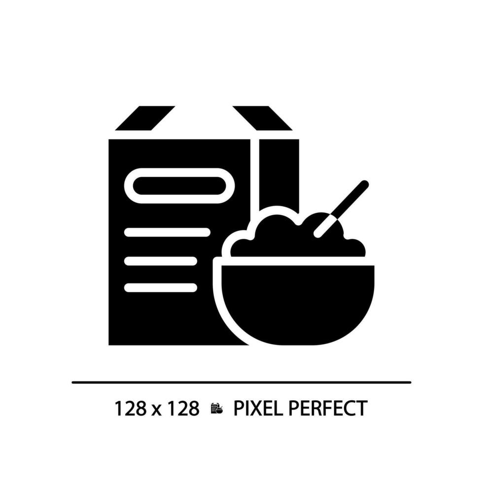 céréales pixel parfait noir glyphe icône. petit déjeuner aliments. Matin repas. blé flocons. grain produit. en bonne santé collation. silhouette symbole sur blanc espace. solide pictogramme. vecteur isolé illustration