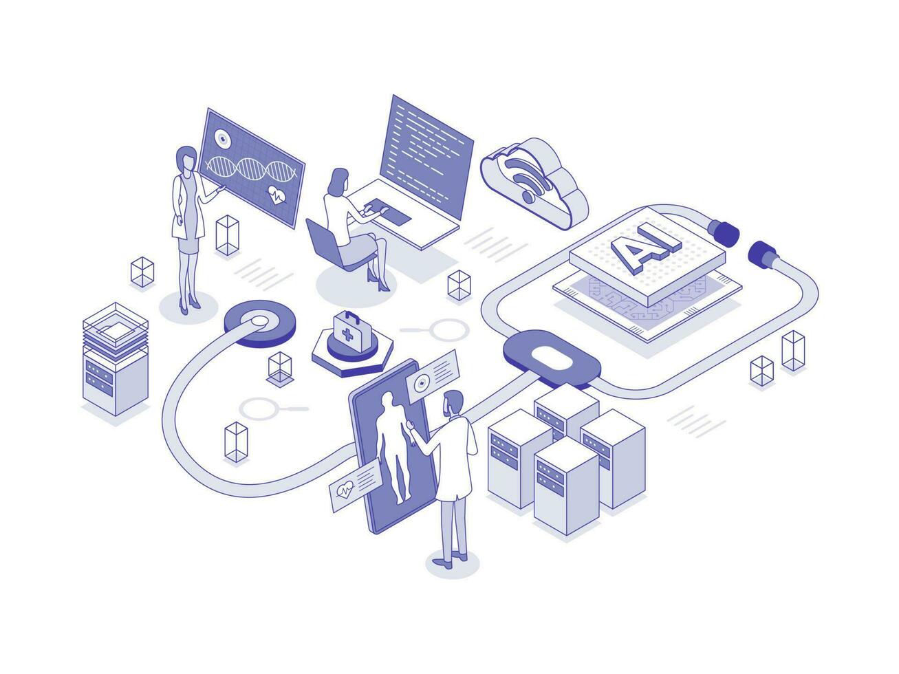 médecins et des chercheurs en utilisant innovant les technologies pour médicament et soins de santé, artificiel intelligence dans soins de santé direct isométrique illustration vecteur