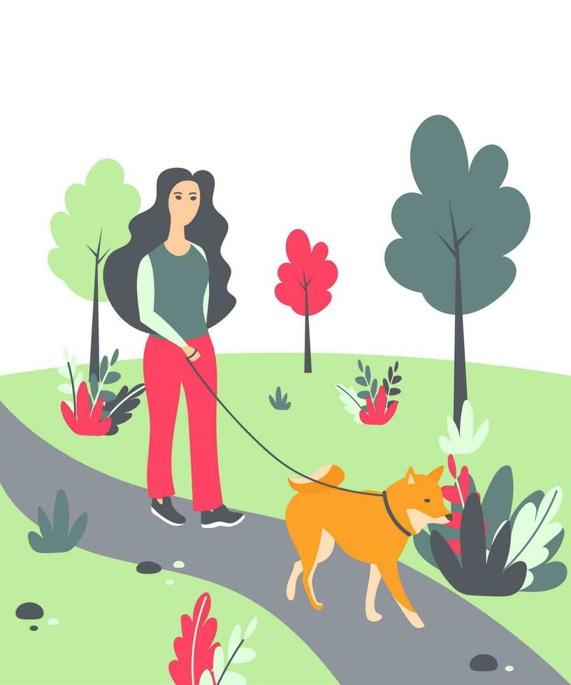 femme en marchant avec une chien dans le parc. vecteur illustration avec une femme avec shiba inu dans le parc.
