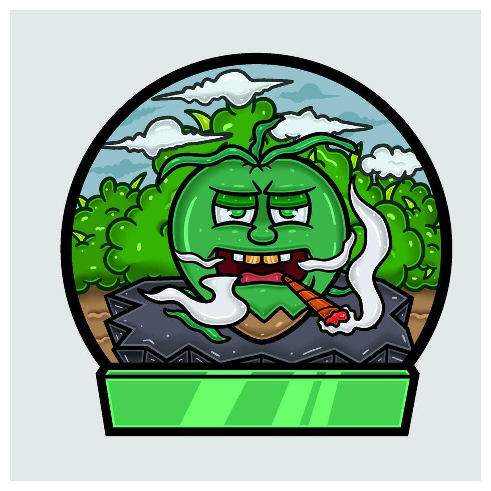 dessin animé mascotte de noix de coco personnage faire fumeur dans jungle. Vide signe et cercle logo. vecteur