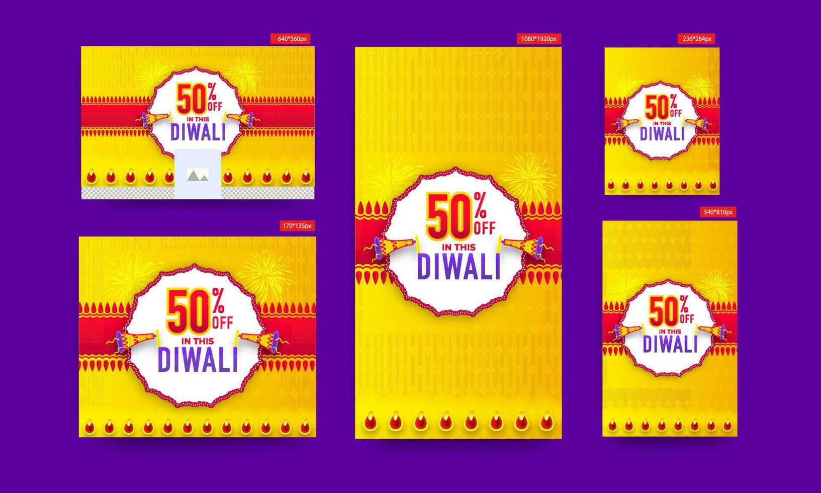 diwali vente affiche et modèle conception collection avec remise offre et mégaphone sur Jaune et rouge Contexte. vecteur