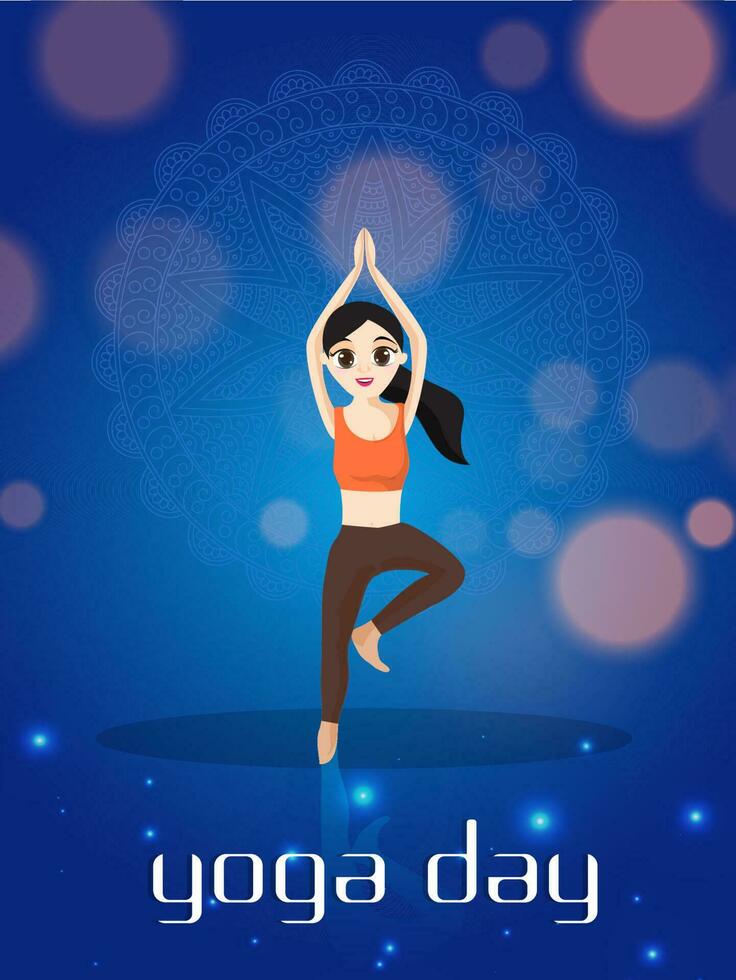 yoga journée fête affiche ou prospectus conception avec dessin animé personnage de une fille dans vrikshasana pose. vecteur