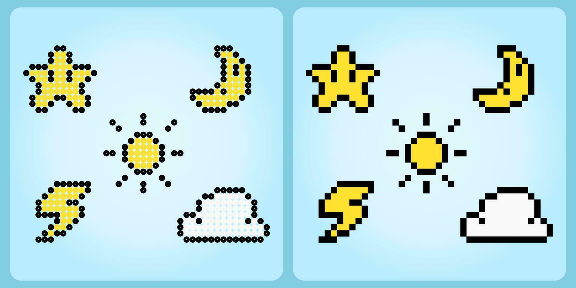 8 bits pixels, ui la nature symbole icône. étoile, lune, soleil, éclat et nuage icône dans vecteur des illustrations