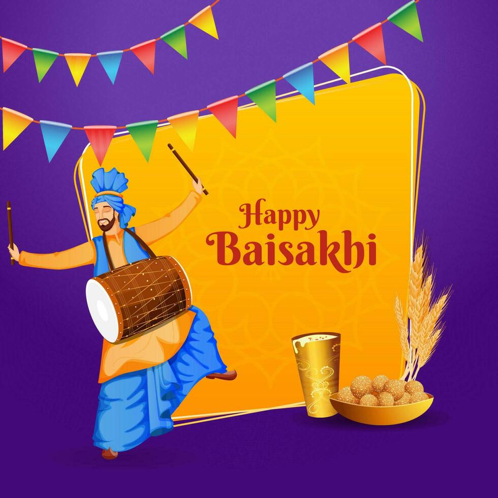 illustraion de punjabi festiva baisakhi ou vaisakhi avec une content punjabi homme en jouant tambour et performant traditionnel Danse bhangra avec blés, sucré et boisson sur violet Contexte. vecteur