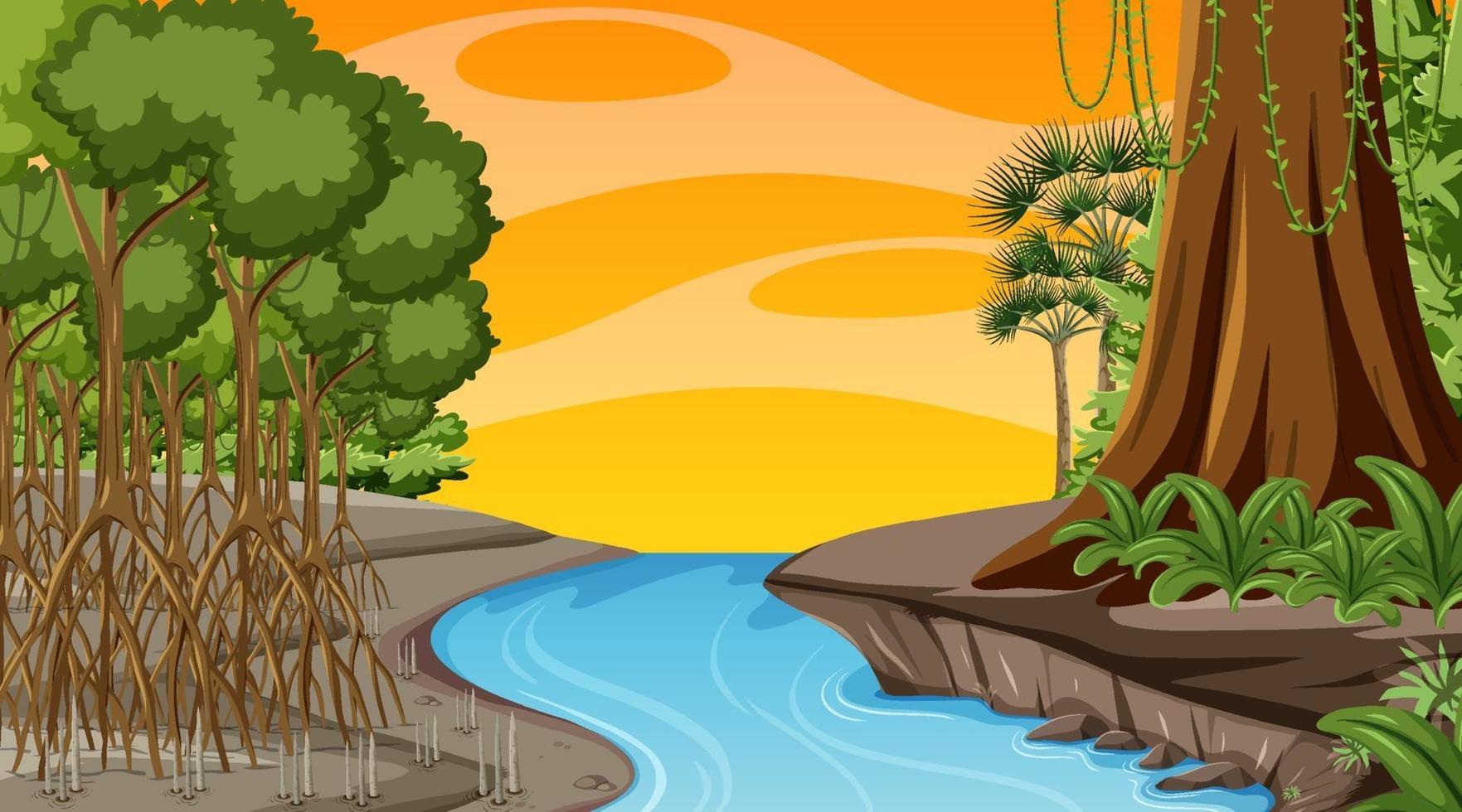 scène de la nature avec forêt de mangrove au moment du coucher du soleil en style cartoon vecteur