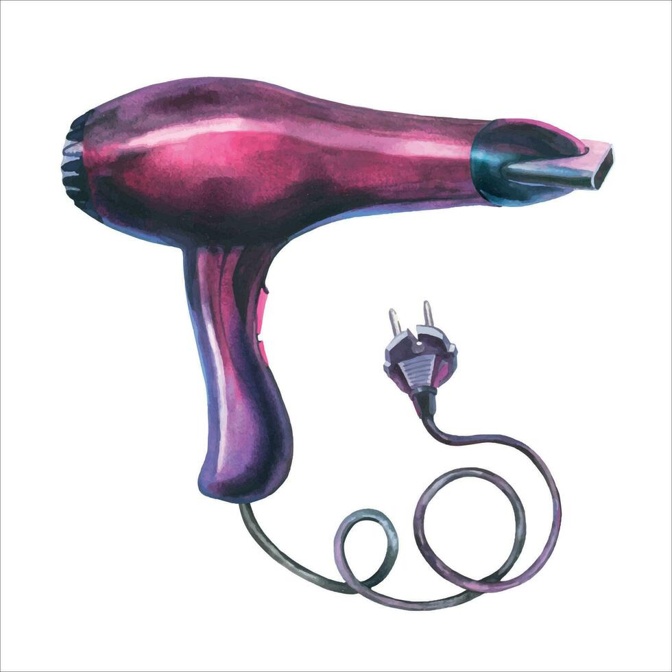 cheveux séchoir pour salon de coiffure, salon de coiffure, noir, rose. moderne conception, élégant silhouette. électrique appareil, un objet, Haut voir. main tiré dans aquarelle vecteur sur une blanc Contexte