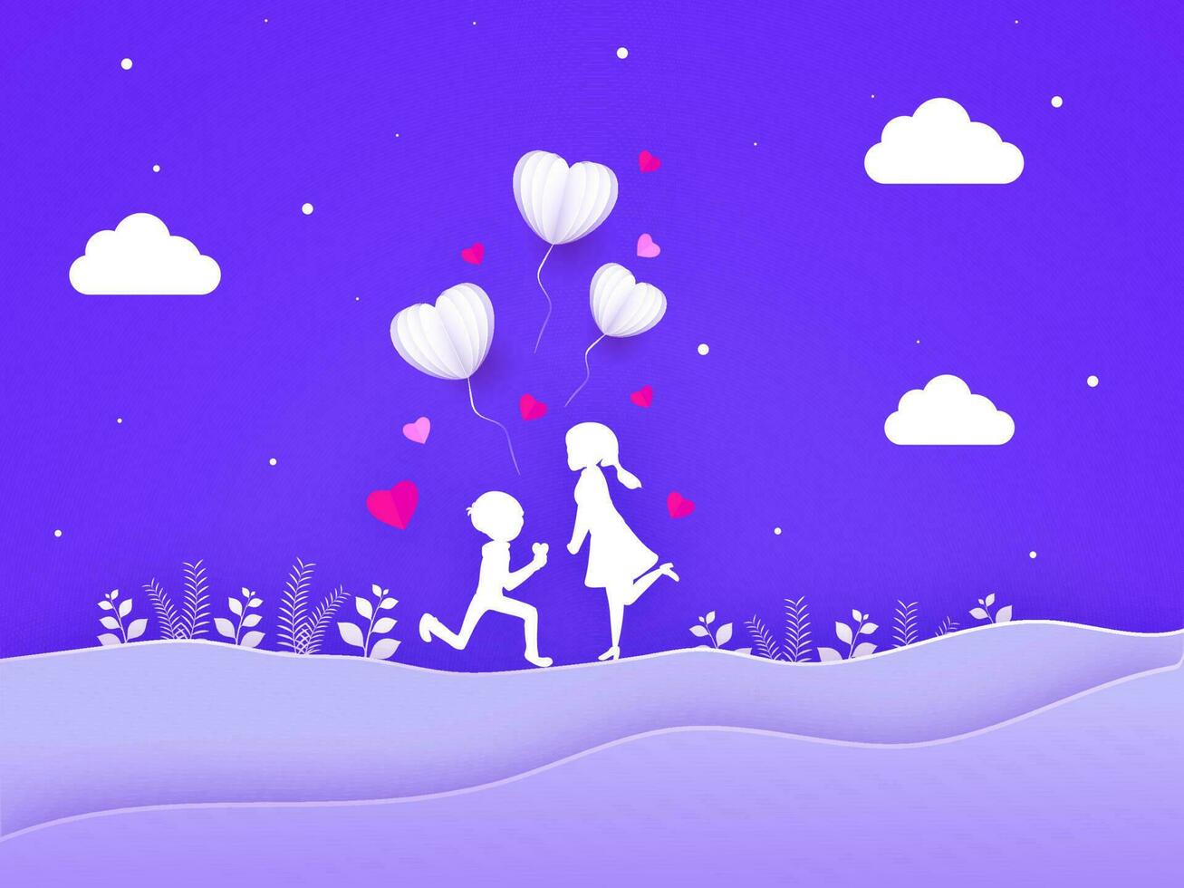 blanc silhouette de mignonne garçon proposer fille et origami cœur en forme de des ballons et des nuages sur violet papier Couper ondulé Contexte. vecteur