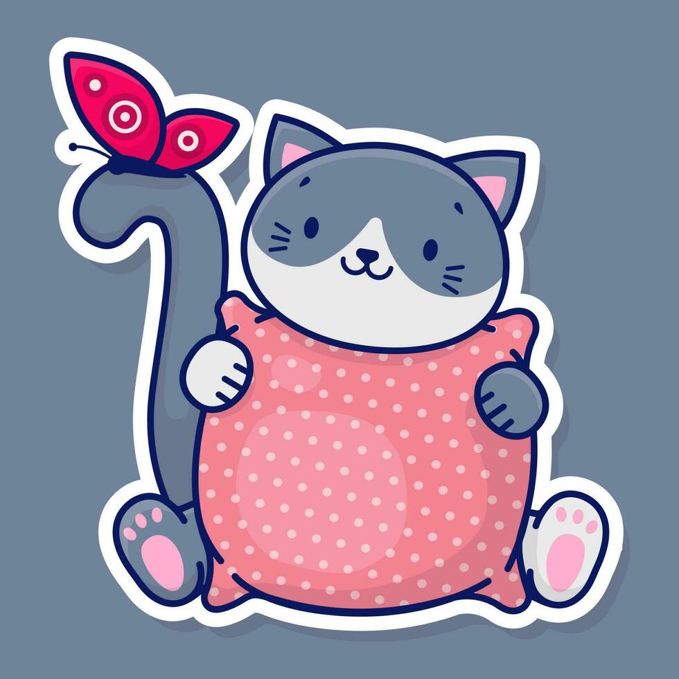 une mignonne dessin animé gris chat détient une rose oreiller dans ses pattes. chat et papillon. vecteur autocollant.