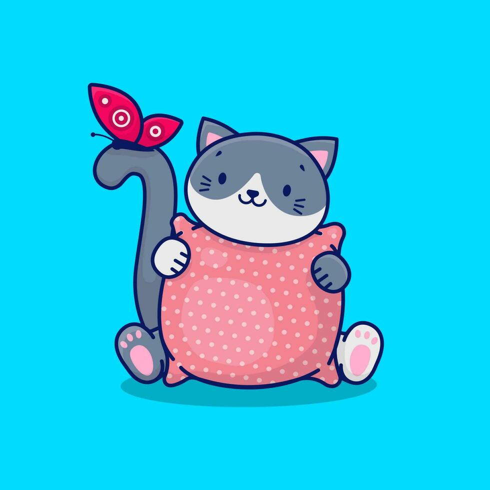 une mignonne dessin animé gris chat détient une rose oreiller dans ses pattes. chat et papillon. vecteur illustration.