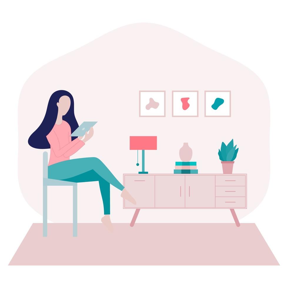 fille assise à la maison et surfant sur illustration plat internet vecteur