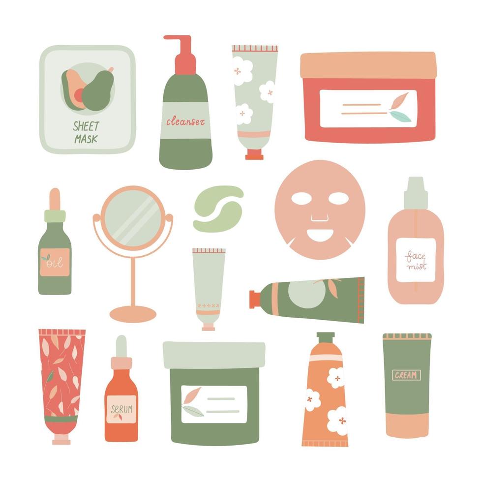 ensemble de produits de soins de la peau illustration vectorielle plane vecteur