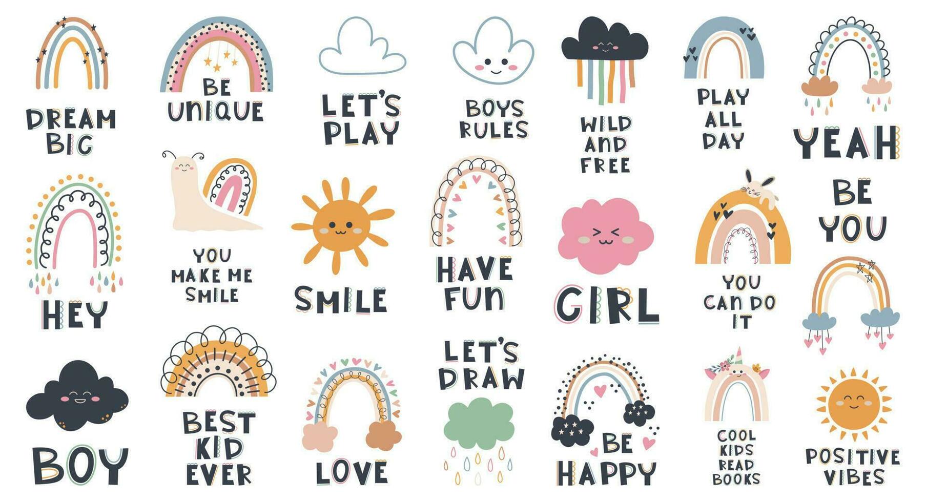 mignonne main tiré phrases avec arc-en-ciel, soleil, étoiles, nuage dans boho style. dessin animé griffonnage impression pour garderie. conception pour douche invitation carte, anniversaire, enfants faire la fête, livre couverture, affiche vecteur