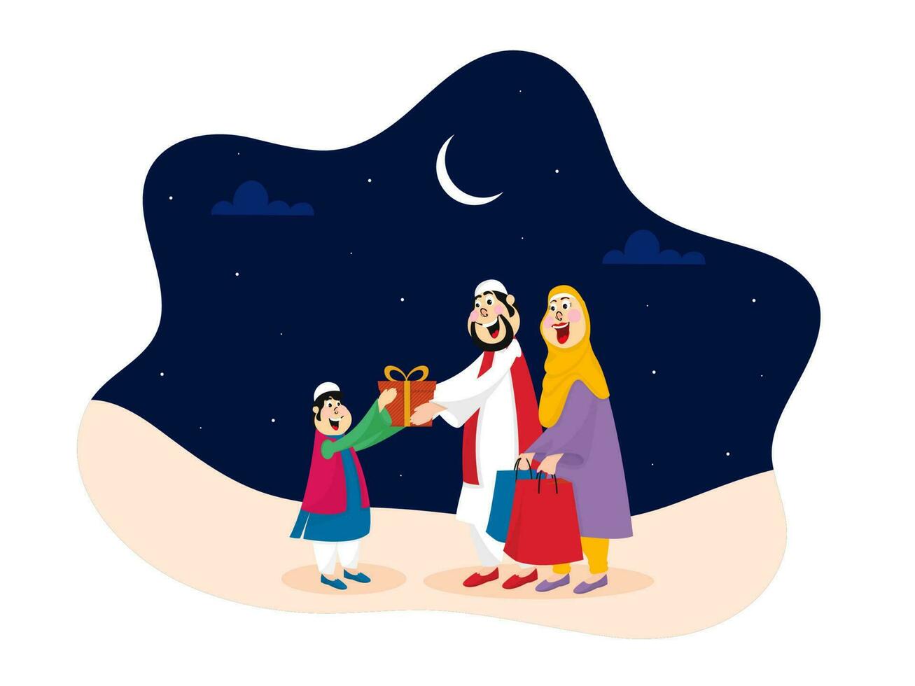 musulman couple souhaitant et donnant cadeau à une enfant sur occasion de islamique festival. vecteur