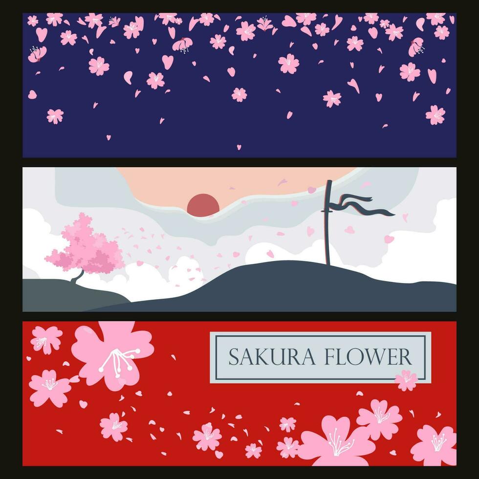 Cerise fleur plat vecteur, sakura, Japon, brouiller Contexte. Sakura et printemps moderne couverture conception ensemble. mariage inviter, maquillage catalogue, brochure modèle, prospectus, présentation. vecteur