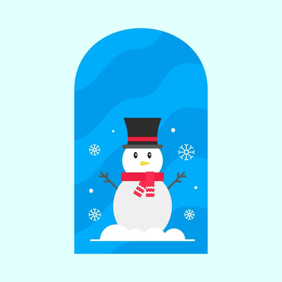 isolé mignonne bonhomme de neige portant Haut chapeau avec écharpe à fenêtre et chute de neige bleu Contexte. vecteur