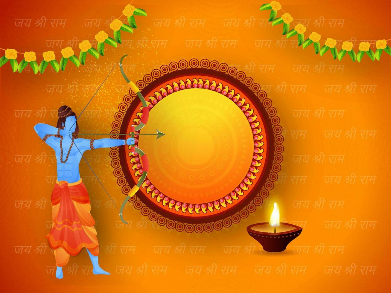 illustration de Seigneur rama visée La Flèche avec illuminé pétrole lampe sur geai shri RAM hindi texte modèle Orange Contexte et donné Vide Cadre pour votre message. vecteur