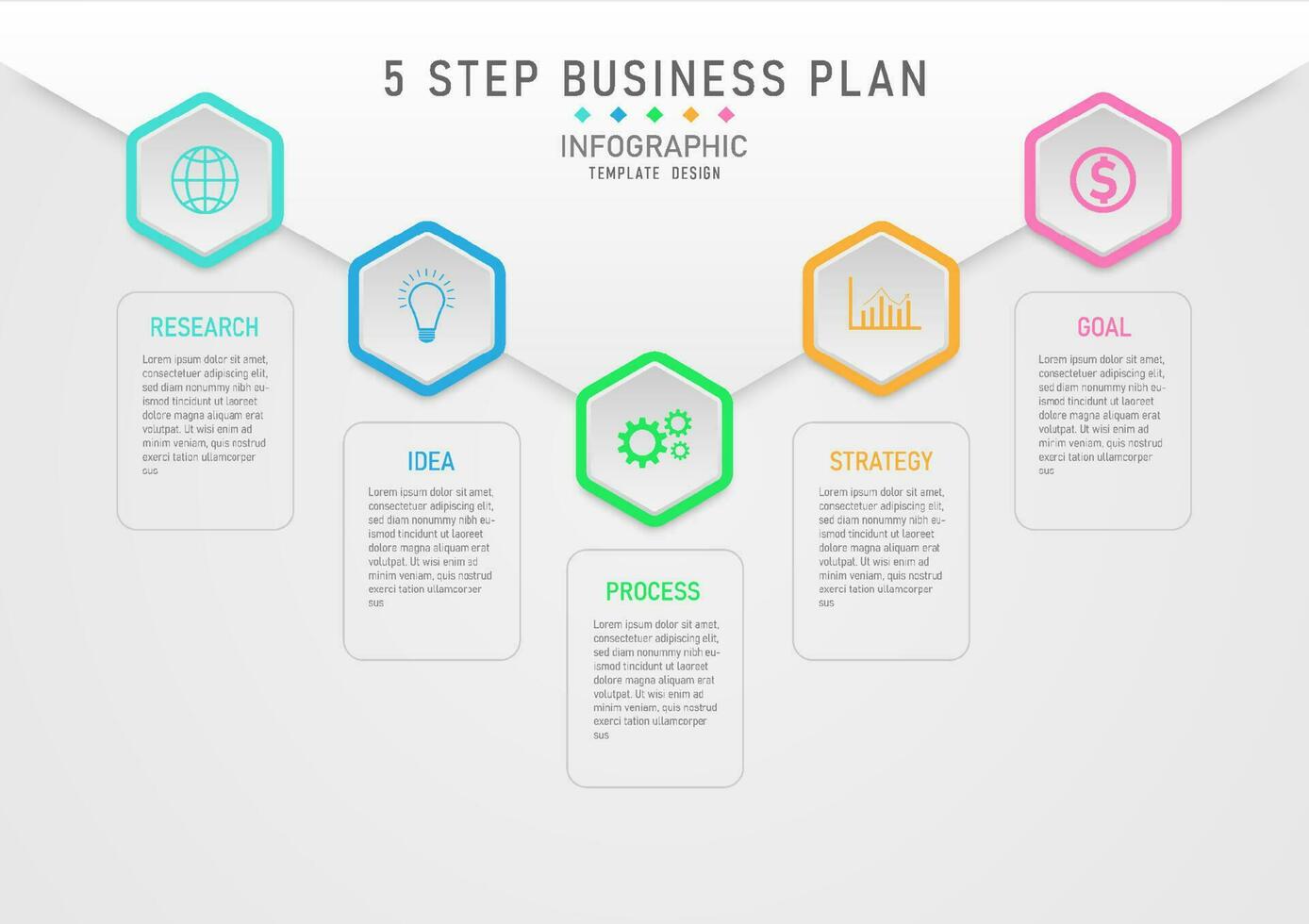 moden modèle 5 pas affaires Planification à Succès hexagonal multicolore carrelé et centré icône carré contour avec des lettres gris pente Contexte conçu pour commercialisation, finance, investissement. vecteur