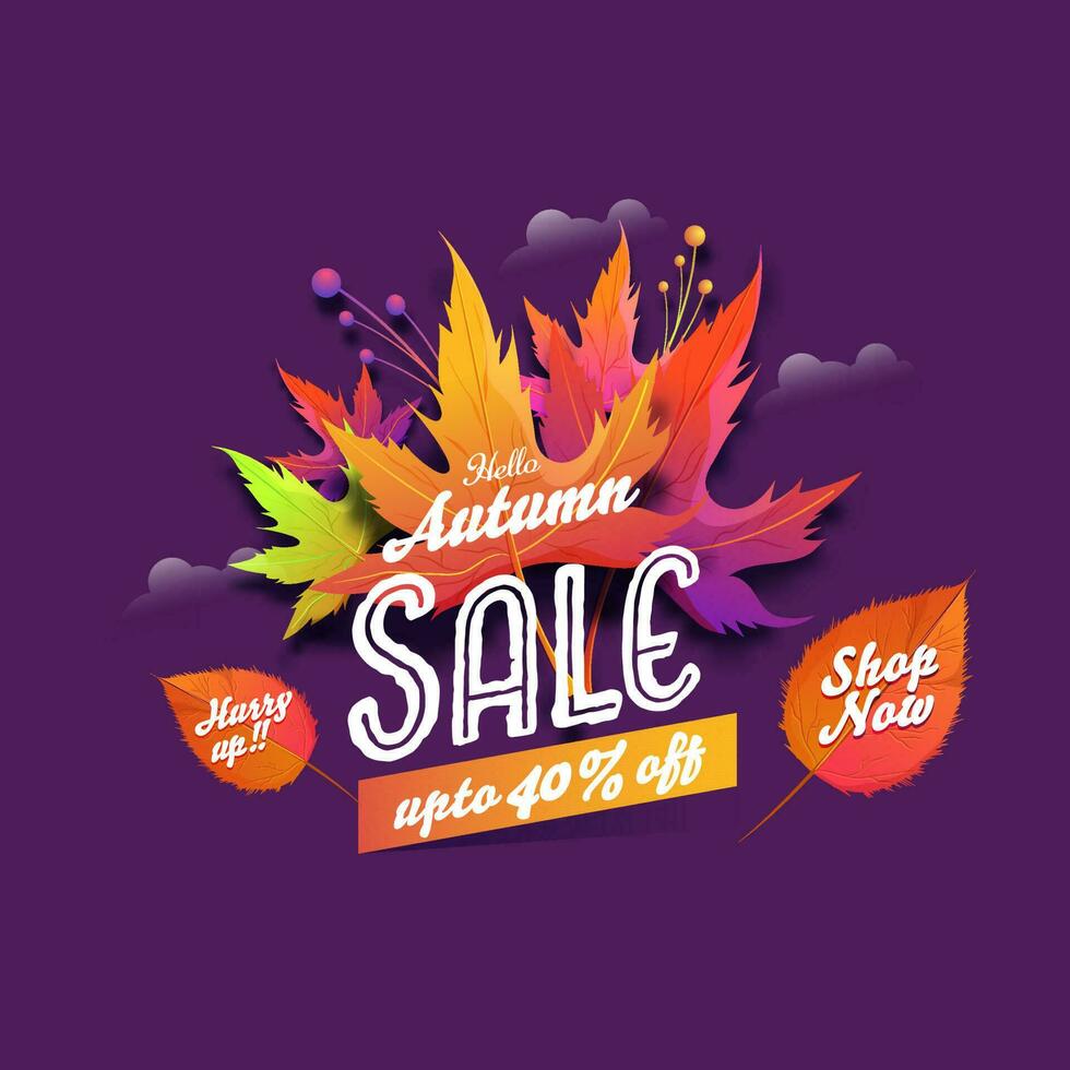 Bonjour l'automne vente affiche conception avec 40 remise offre et coloré feuilles sur violet Contexte. vecteur