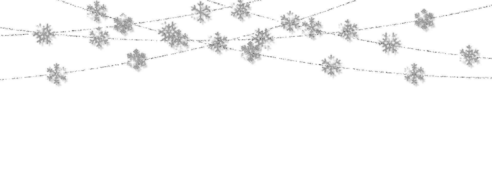 Noël ou Nouveau année argent flocon de neige décoration guirlande sur blanc Contexte. pendaison briller flocon de neige. vecteur illustration