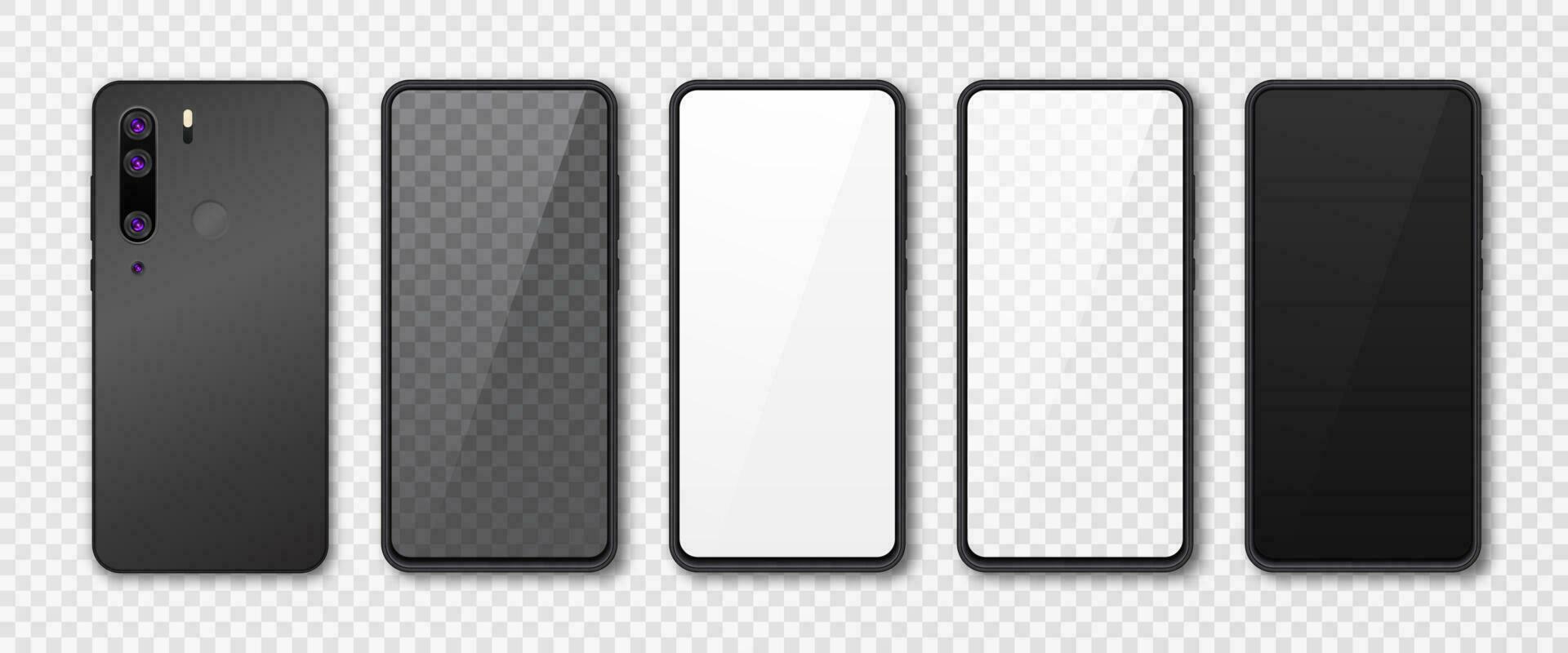 réaliste téléphone intelligent moquer en haut ensemble. mobile téléphone afficher isolé sur blanc gris Contexte. 3d modèle illustration. vecteur illustration