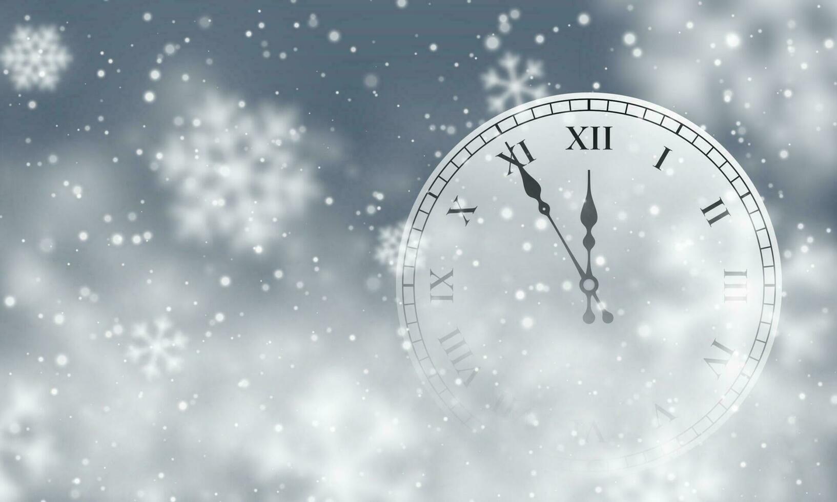 Nouveau année affiche avec l'horloge et Noël neige. chute flocons de neige sur foncé Contexte. chute de neige. vecteur illustration