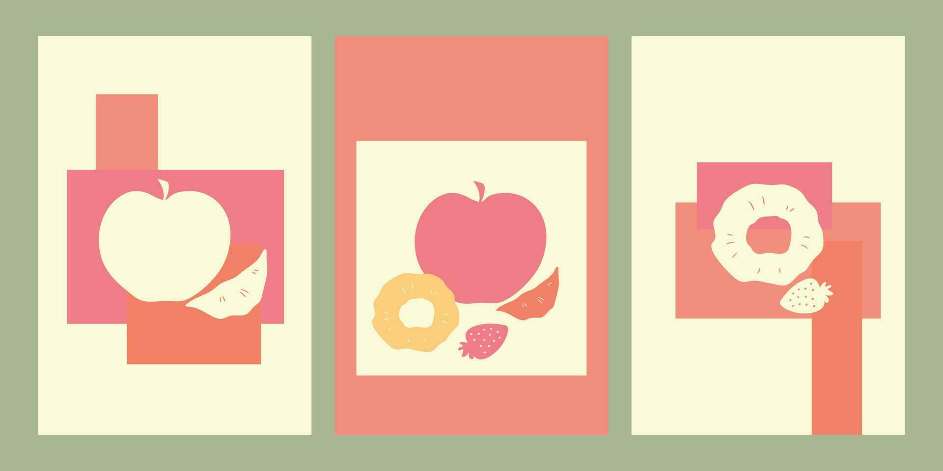 ensemble de Créatif affiches avec des fruits. encore la vie affiche collection avec pomme, fraise et Orange et ananas tranches. géométrique formes. pour intérieur décoration, impression et conception vecteur