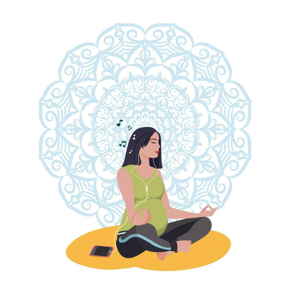 une Enceinte femme dans écouteurs écoute à la musique et médite sur le Contexte de le mandala. plat illustration pour projets grossesse, yoga. vecteur