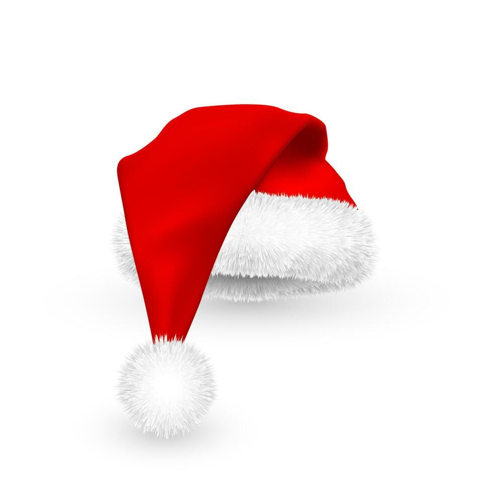 réaliste rouge Père Noël claus chapeau isolé sur blanc Contexte. pente engrener Père Noël claus casquette avec fourrure. vecteur illustration