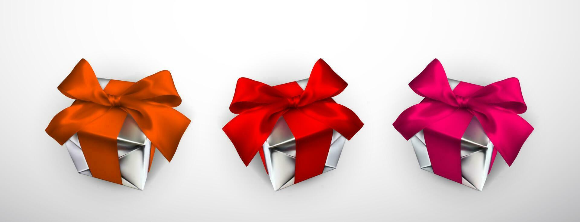 réaliste cadeau boîte avec rouge, rose et Orange arc isolé sur gris Contexte. vecteur illustration