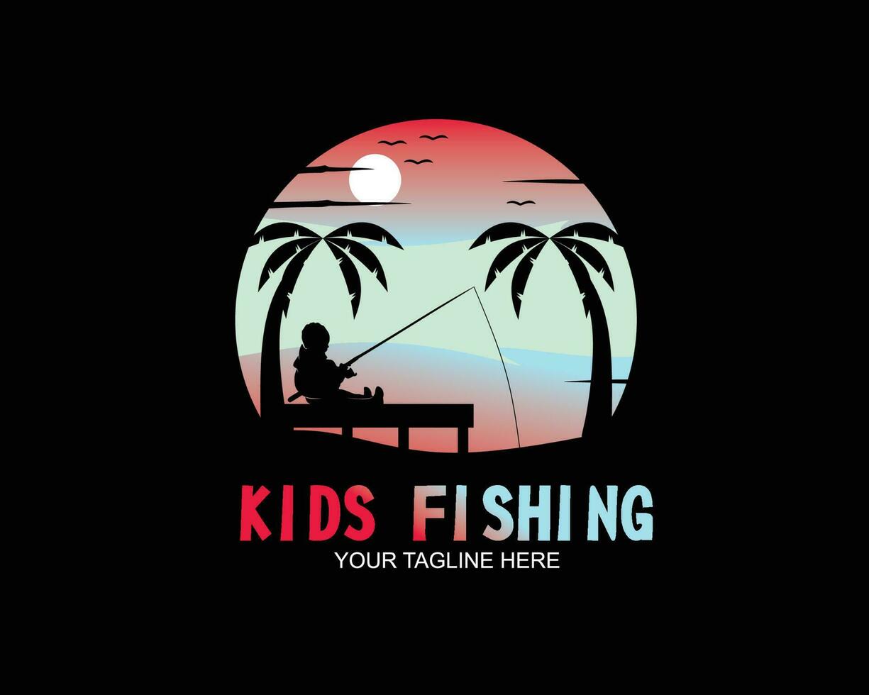 silhouette de des gamins pêche logo dans le rivière vecteur