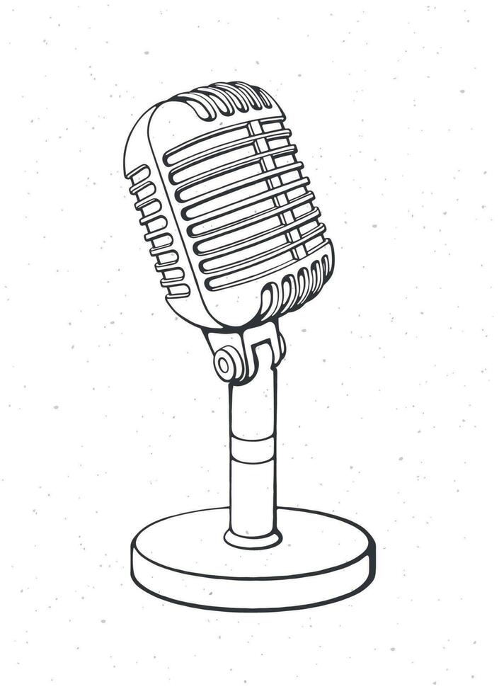 monochrome rétro microphone pour voix, musique, son, parler, radio enregistrement. contour. vecteur illustration. le jazz, bleus, Roche ancien micro. main tiré esquisser. isolé blanc Contexte