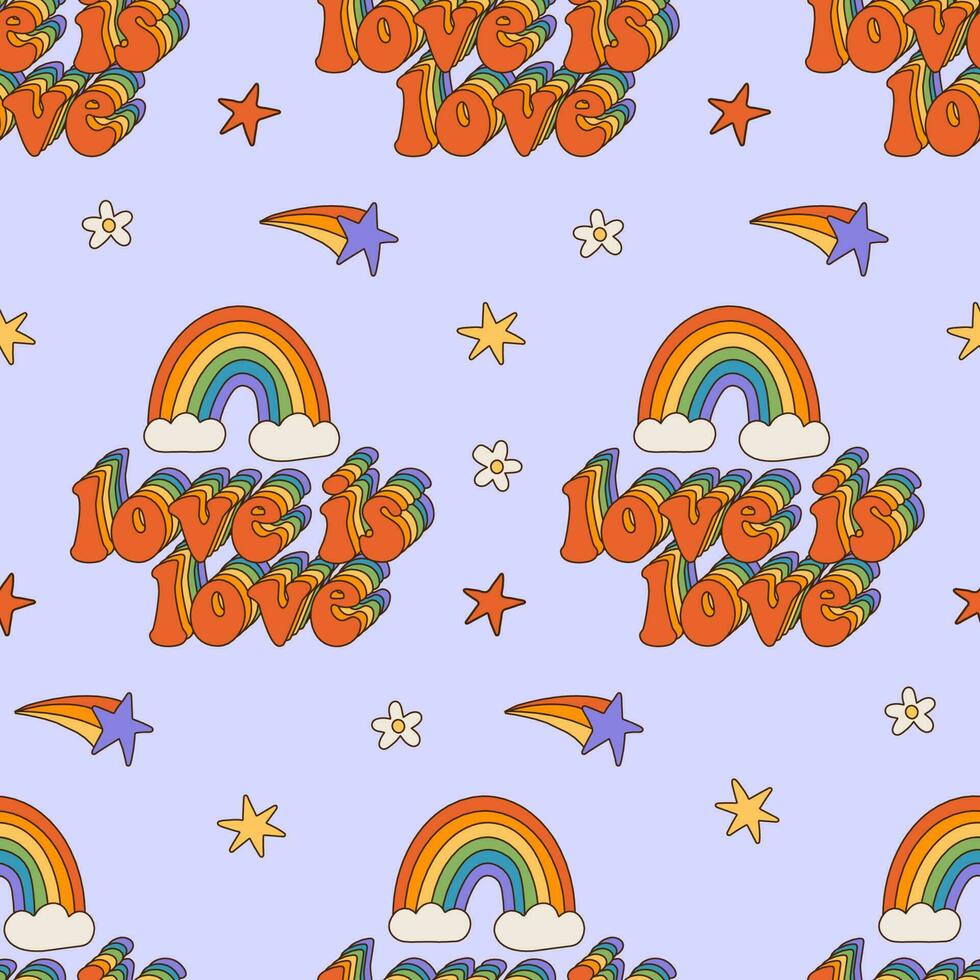 l'amour est l'amour - fierté mois sans couture modèle avec arc en ciel texte dans lgbtq communauté drapeau couleurs. coloré Années 70 style vecteur répéter.