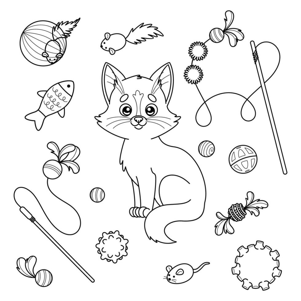 ensemble contour de dessin animé chat et jouets pour animal de compagnie magasin vecteur