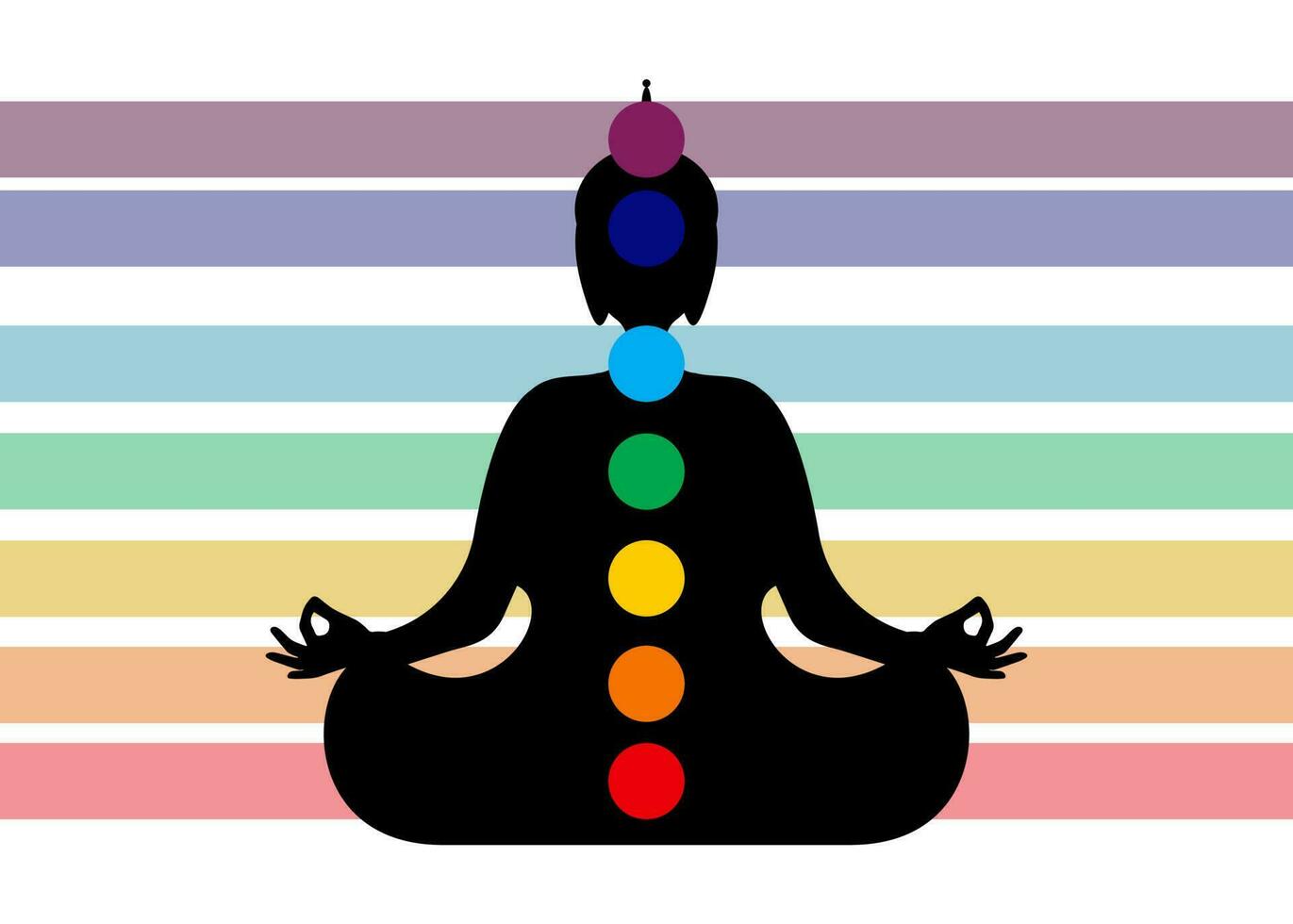 séance Bouddha silhouette dans méditation avec chakras. Sept chakras rayé de couleurs, énergie corps et yogi méditer dans le lotus position. vecteur illustration isolé sur blanc Contexte