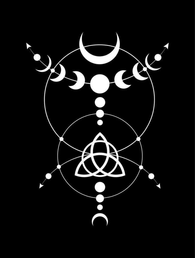 mystique lune phases wicca Cadre frontière. triquetra sacré géométrie. logo, wiccan tripler déesse symbole, énergie cercle, blanc tatouage boho style vecteur isolé sur noir Contexte