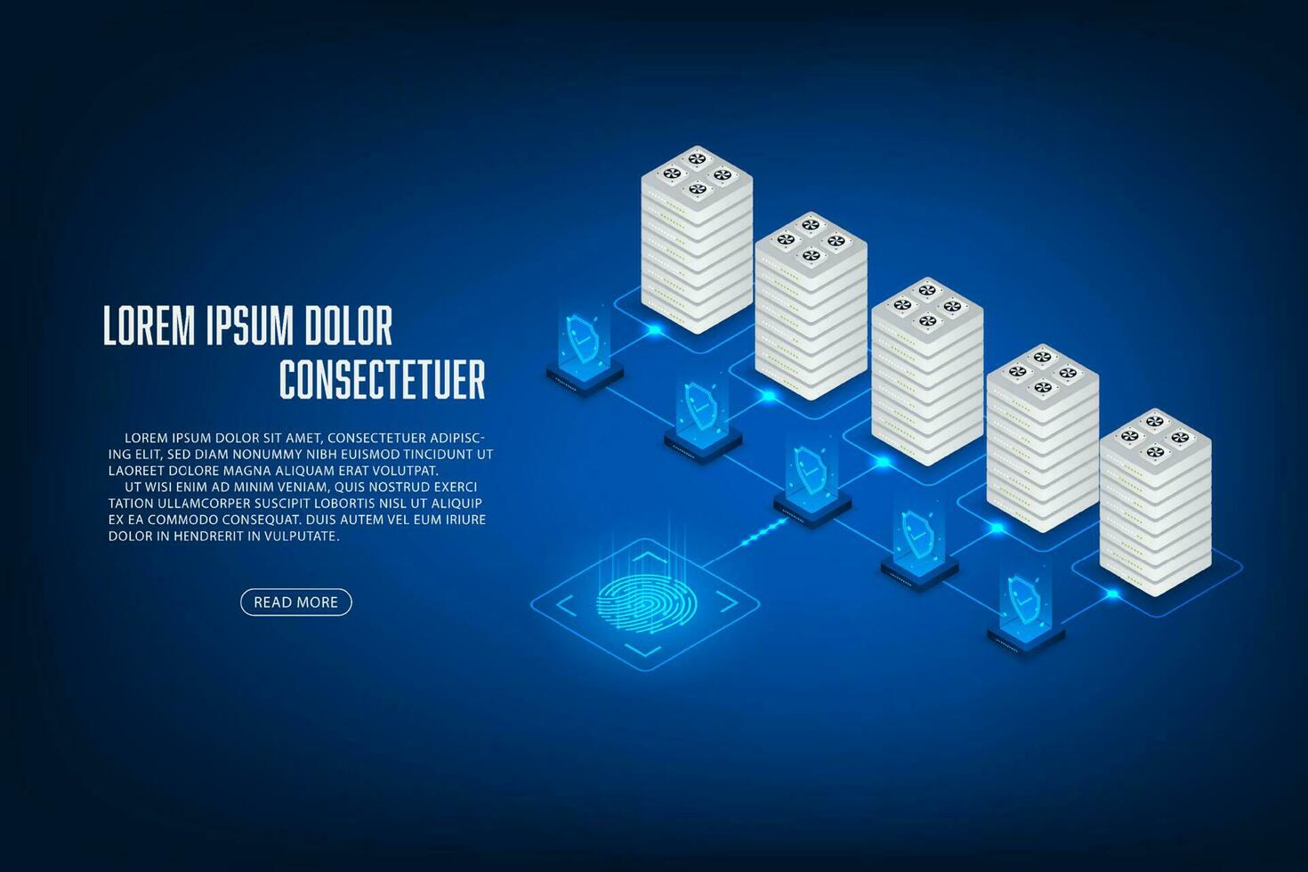 vecteur isométrique Sécurité serveur concept. empreinte digitale, bouclier et les serveurs.