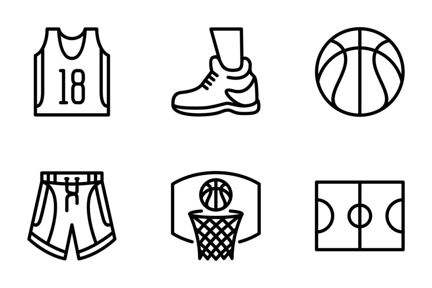 basketball ligne Icônes ensemble. filet, championnat, joueur, uniforme, collège, chemise vecteur