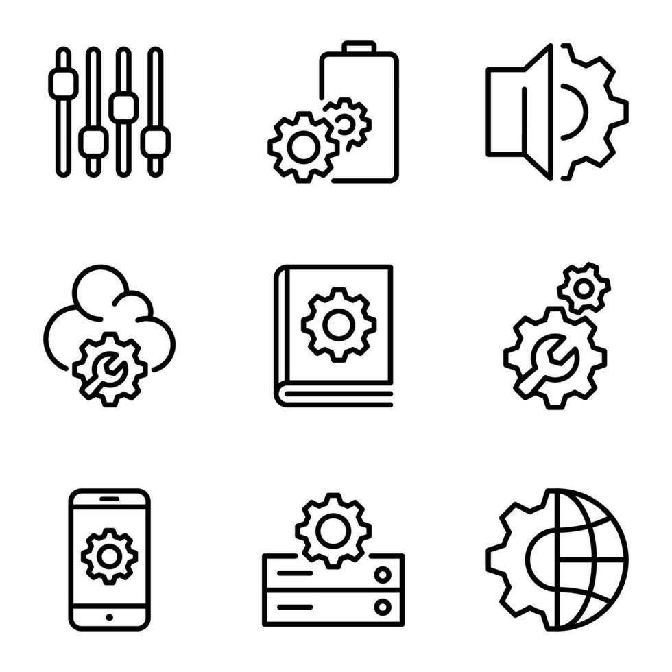 ensemble de réglage ligne Icônes. équipement et réparation icône. contrôle, service, entretien, système, récupération, icône ensemble et installation vecteur